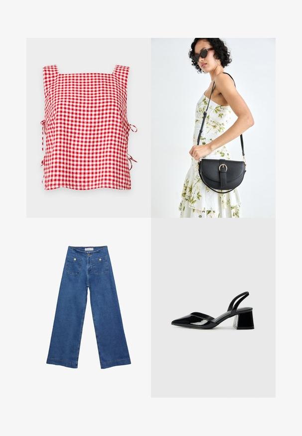 Red and white gingham sleeveless top with square neckline and adjustable ties at the sides. Made of textured fabric with a checkered pattern.; Denim wide-leg jeans with a medium blue wash, two front pockets with button closures, and stitched detailing along the hems.; Black patent leather slingback heels with a pointed toe and a geometric block heel. Features a sleek, minimal design and smooth texture.; Black leather handbag with a curved shape, detachable strap, and gold hardware. The bag features a flap with a buckle detail.