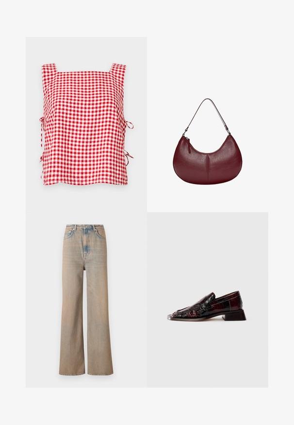 Červený a bílý károvaný top bez rukávů s čtvercovým výstřihem a nastavitelnými tkaničkami po stranách. Vyrobeno z texturované látky s kostkovaným vzorem.; Světle modré široké džíny s vysokým pasem, vyrobené z denimu. Mají jemné prošití a pět kapes, s mírně vybledlým vzhledem.; Tmavě burgundové lakované kožené mokasíny s texturovaným povrchem, nízkým blokovým podpatkem a klasickým detailem v podobě příčné pásky, zobrazené z boku.; Burgundská kožená kabelka s křivkovým tvarem. Disponuje jedním ramenním popruhem a horním zipem, který ukazuje hladký, texturovaný povrch.