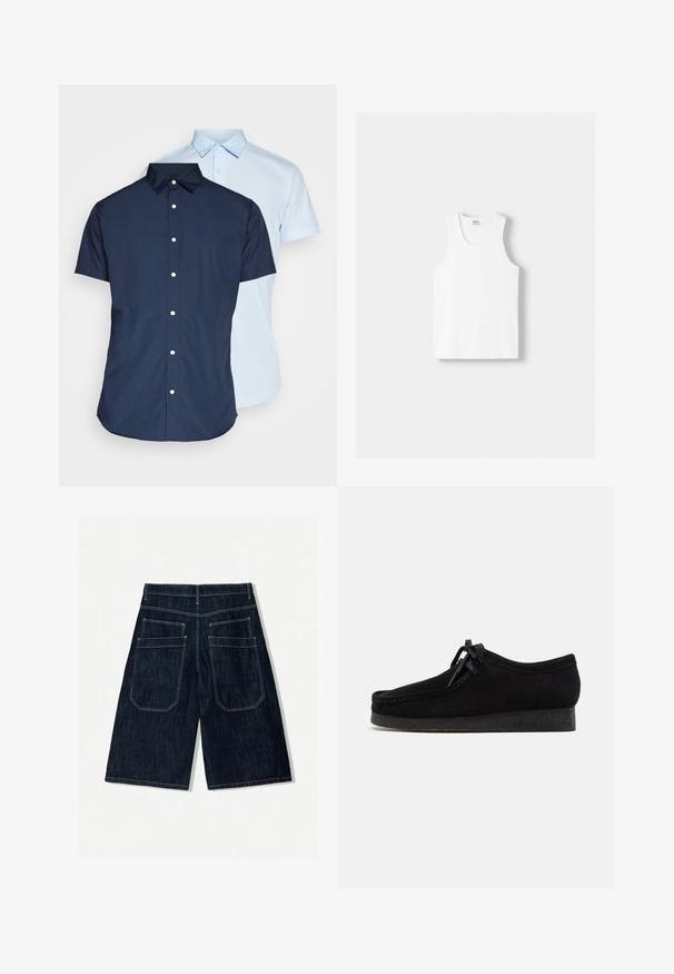 Srajce s kratkimi rokavi na gumbe, eno mornarsko modre in eno svetlo modre barve, s kragnami, sprednjim zapiranjem in gladko teksturo tkanine.; Bela bombažna majica brez rokavov z okroglo izrezom, širokimi naramnicami in ravnim robom, ki se ponaša z gladko teksturo in brez vidnih vzorcev.; Temno modri jeans kratke hlače ohlapnega kroja, z dvema zadnjima žeprakoma, kontrastnim šivanjem in ravnim krojem. ; Črne semiš čevlje z zaobljenim nosom, vezanjem spredaj in teksturiranim črnim gumijastim podplatom. Gladka zgornjost z diskretnimi šivi.