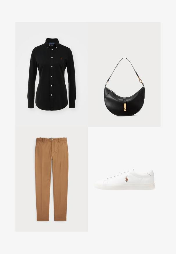 Zwarte longsleeve shirt van katoen met een button-down kraag, voorzien van witte knopen en een klein geborduurd logo op de borst.; Bruine katoenen broeken met een slim-fit ontwerp, vlakke voorkant en standaardzakken; gladde textuur en afgewerkte manchetten.; Witte leren sneakers, laag model, met een gladde textuur, ronde neus, vetersluiting aan de voorkant en een klein geborduurd logo aan de zijkant.; Zwarte leren handtas in een halve maanvorm. Voorzien van een gouden hardware accent en een smalle schouderband. Soepele textuur, ritssluiting aan de bovenkant.