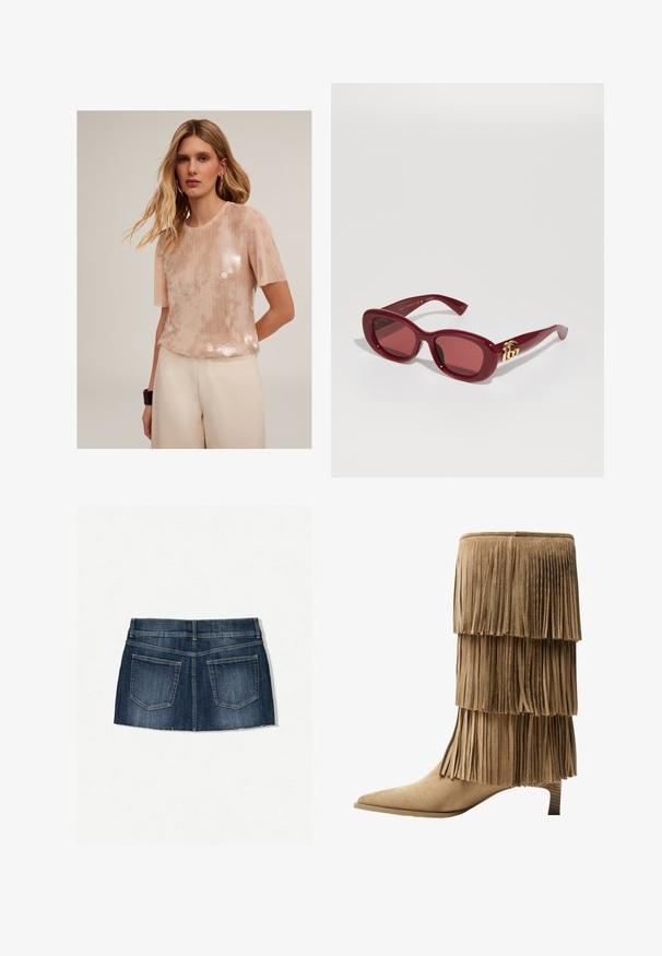 Top a maniche corte di colore rosa chiaro con un lato anteriore in paillettes e maniche trasparenti, caratterizzato da un design testurizzato e scollatura rotonda.; Gonna mini in denim con lavaggio blu scuro, design a cinque tasche, orlo sfrangiato e vestibilità slim con vita piatta.; Stivale alla caviglia in suede color ocra con tre strati di frange. Punta affusolata e tacco basso a blocco. Texture liscia su tutta la superficie.; Occhiali da sole rossi in plastica con montatura rettangolare, lenti colorate e un accento dorato con il logo sulle aste. Finitura liscia e lucida.