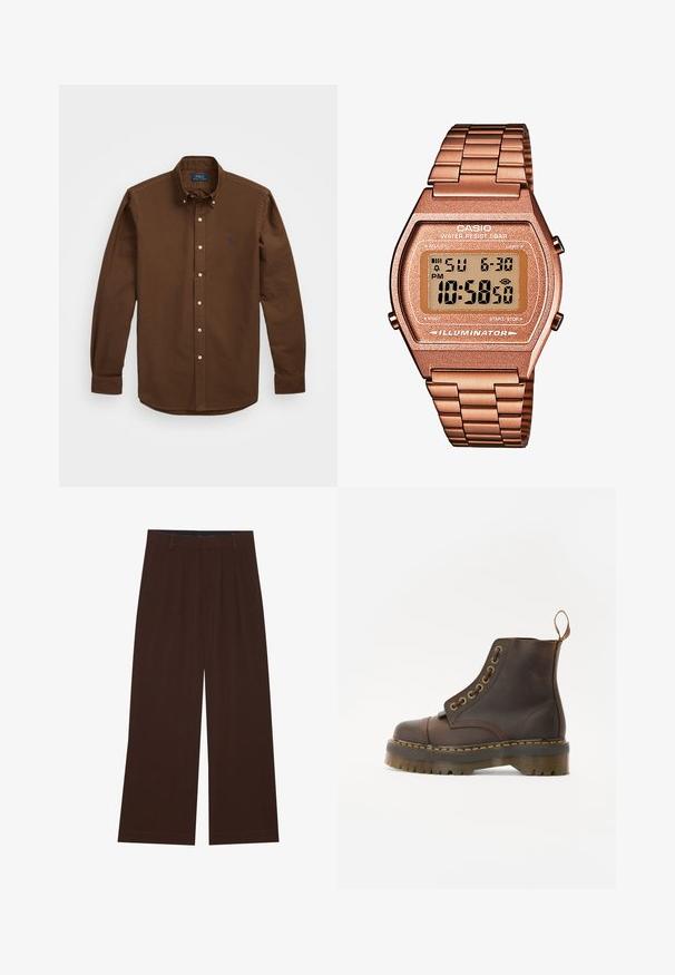 Brun knapp-up skjorte laget av bomull, med spiss krage, lange ermer og en logo på brystet. Klassisk passform med avrundet hem.; YOURTURN UNISEX 3 PACK BASIC OVERSIZED T-SHIRT - T-shirts - dark brown/off-white/dark grey; Brune vide benbukser med plisseringer. Laget av et glatt stoff, med skjært midjebånd og sidelommer. Flat kant nederst.; Brune lær ankle støvler med rund tå, kontrasterende gul sting, dekorative metal øsinger og en ribbet gummisål.; Digital Casio klokke med en roségull metallrem, rektangulært hus, belyst skjerm og vannmotstand, som viser tid og dato.