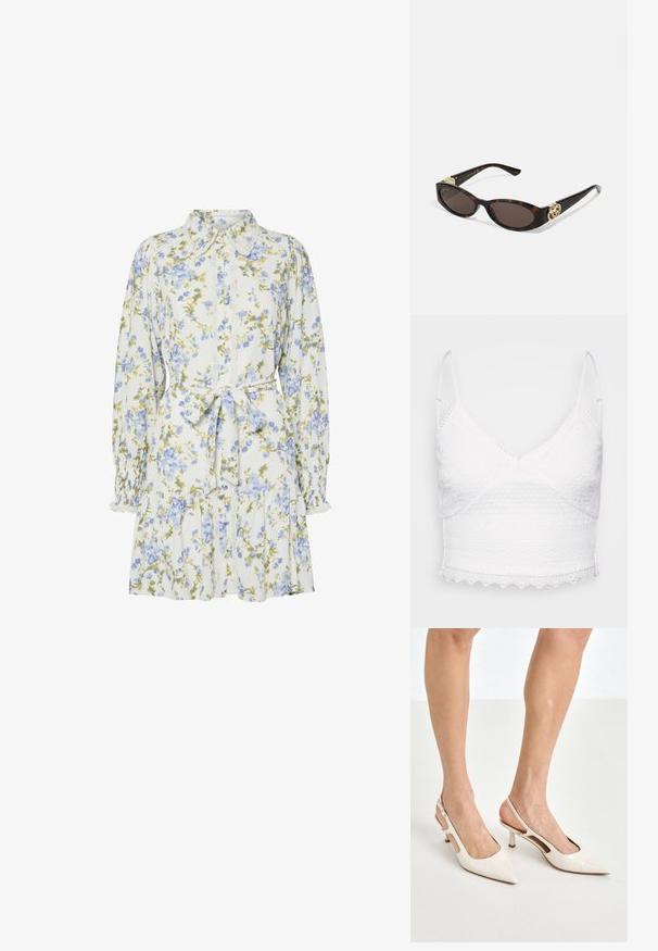 Witte kanten bralette met verstelbare banden, v-halslijn en textuurpatronen. Beschikt over een geschulpte zoom en ingewikkelde borduursels.; Bloemendress in het wit met blauwe en groene bloemen, voorzien van een kraag, knoopsluiting aan de voorkant, lange mouwen met elastische manchetten en een tailleband.; Beige gepatineerde leren slingback hakken met een spitze neus en een hak van 5 cm, met uitsparingen aan de zijkanten en een dunne enkelband.; Schildpadbril met langwerpige ovale lenzen, bruine tint, gouden logo-accenten op de pootjes en slanke zwarte armen.; Beige handtas met een patroon en een gebogen vorm, leren accenten en een goudkleurig logo aan de voorkant. Beschikt over een kort handvat voor gemakkelijk dragen.; Parel- en kristallen ketting met een ronde, gehaakte ontwerp in lichte tinten, met afwisselend parels en sprankelende accenten, gedragen om de hals.