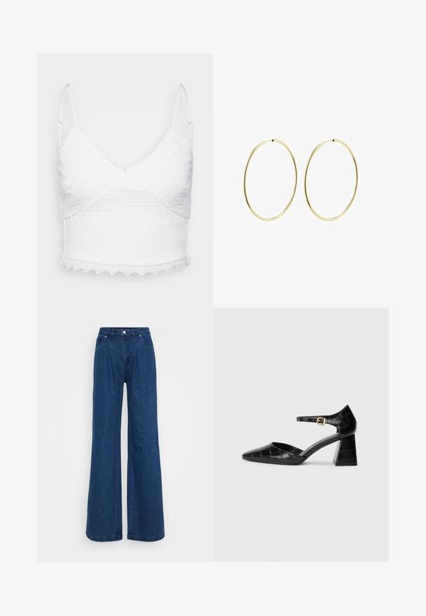 Balta mežģīņu bralete ar regulējamiem siksniņām, V veida kakla izgriezumu un teksturētām rakstām. Iekļauj viļņotu malu un sarežģītu izšuvumu detaļas.; Platas kājas zila denim bikses ar augstu jostasvietu, priekšējo pogu un slēgšanu ar rāvējslēdzēju, kā arī priekšējām un aizmugurējām kabatām uz vienkārša fona.; Melnas patentētas ādas augstpapēžu kurpes ar norādītu pirkstu, potītes siksnu un teksturētu krokodila rakstu. Kvadrātveida bloka papēža dizains.; Zelta riņķa auskari ar gludu, noapaļu dizainu. Plāni un viegli, ar nepārtrauktu cilpu bez jebkādām rotājumām.