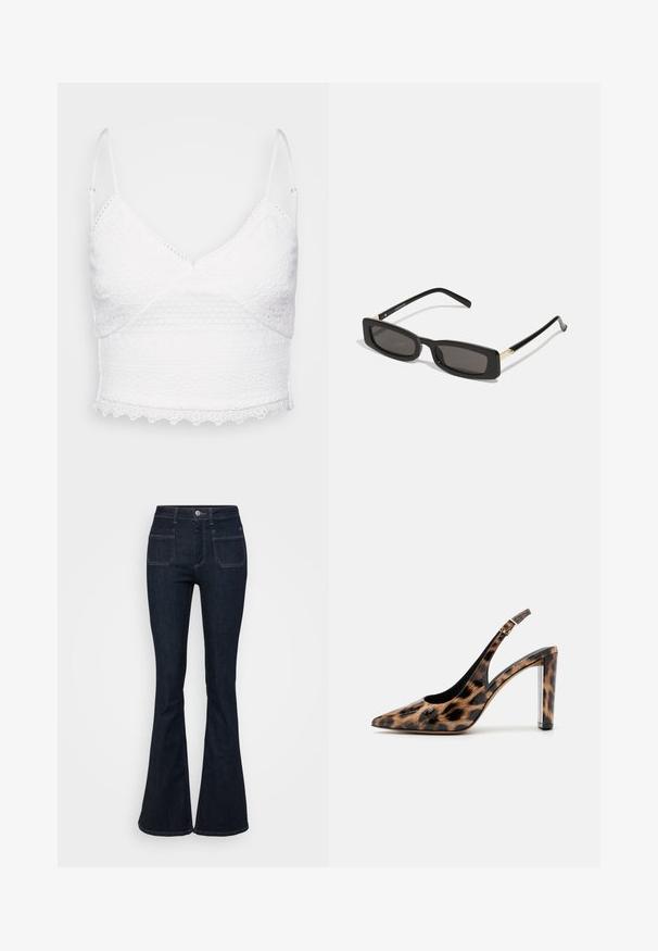 Bralet din dantelă albă cu bretele ajustabile, decolteu în V și modele texturate. Prezintă un tiv zimțat și detalii de broderie intricate.; Blugi evazați de un albastru închis, din denim, având talie înaltă, cinci buzunare și cusături contrastante pe margini. Textură netedă.; Pantof cu toc înalt, cu imprimeu leopard, cu vârf ascuțit și toc transparent. Fabricat dintr-un material lucios, cu o textură netedă.; Ochelari de soare rectangulari negri cu lentile întunecate, rame din plastic lucios și accente aurii pe tample. Design minimalist și formă elegantă.