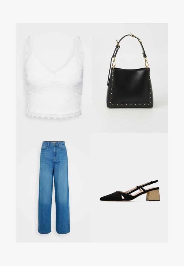 Bela čipkasta braletka z nastavljivimi naramnicami, v-izrezom in strukturiranimi vzorci. Ima valovit rob in zapletene vezenine.; Modre hlače z visokim pasom in širokimi nogavicami, z gumbnico in zadrgo spredaj, sprednjimi in zadnjimi žepi ter šivanimi robovi na belem ozadju.; Črne usnjene natikače s koničastim nosom in izrezljanim dizajnom. Imajo nizek, teksturiran slamnati petni del za dodatno detajl in stabilnost.; Črna usnjena torbica s strukturirano obliko, ki ima zlate kocke ob robovih in odstranljiv trak z zlatimi dodatki.; Srebrni obroči za ušesa z gladko, polirano površino. Okrogla oblika in varna zaponka s klikom. Lahka zasnova, primerna za vsakodnevno nošenje.