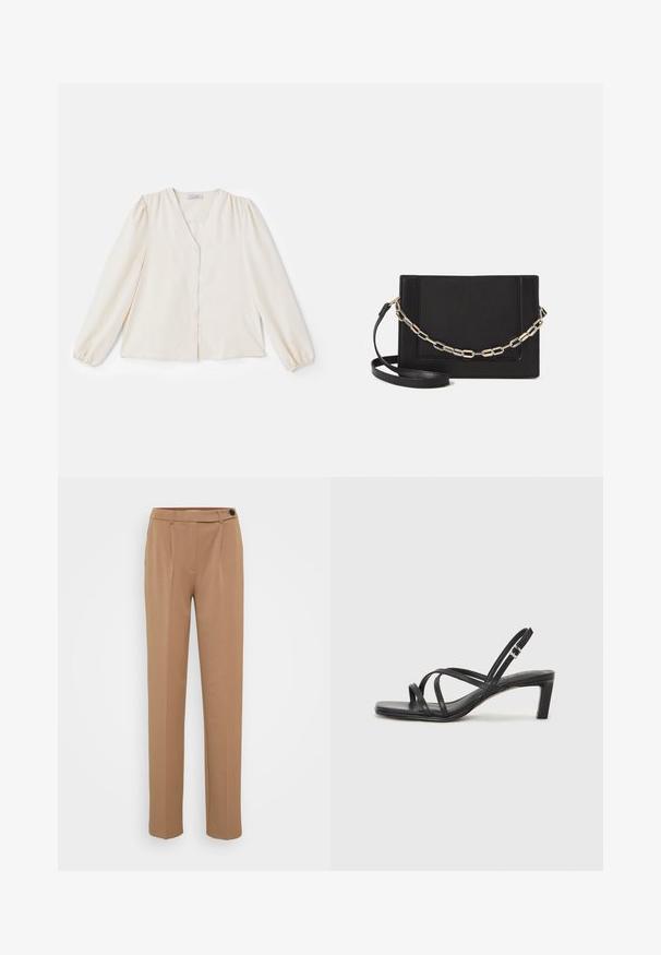 Ivory bluze ar garām pūkām, V-veida kakla izgriezumu un priekšējo pogu aizdari. Gluda auduma, kuram ir brīvs piegriezums un savilkti plecu šuvi.; Brūni pielāgoti bikses ar taisnu kāju, ar vienu pogas aizdari un krokotā priekšpuses dizainu. Gluda tekstūra, minimālisma stils.; Melnas strappy sandales ar kvadrātveida purngaliem un zemu bloku papēdi. Ievērojamas ar vairākiem plāniem siksniņām un regulējamu potītes siksniņu. Izgatavotas no gludas ādas.; Melna ādas crossbody soma ar gludu faktūru, taisnstūrveida formu un metalizētu ķēdes detaļu priekšā. Iekļauta regulējama siksna.