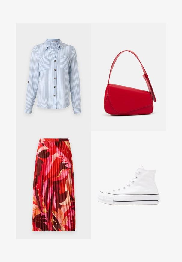 Hellblau gestreiftes Button-Up-Hemd mit langen Ärmeln, zwei Fronttaschen und braunen Knöpfen. Vertikale Streifen erzeugen ein frisches Muster.; Faltet Maxi-Rock in lebhaftem Rot, Pink und braunem Blumenmuster. Der elastische Bund und die glatte Textur erhöhen Komfort und Stil.; Weiße hochwertige Leinensneaker mit schwarzer Gummisohle, vorderem Gummizehenschutz und sechs Ösen für Schnürsenkel, die ein sauberes, minimalistisches Design aufweisen.; Rote Lederhandtasche mit einem kantigen, geometrischen Design. Verfügt über einen verstellbaren Schulterriemen und einen Klappenverschluss mit genähten Details.