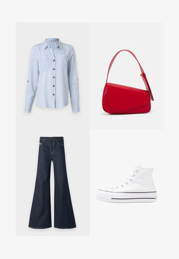 Cămașă button-up cu dungi albastre deschise, cu mâneci lungi, două buzunare frontale și nasturi maronii. Dungile verticale creează un model proaspăt.; Jeans negri închis, evazați, din denim, având talie înaltă, accente din fir auriu și două buzunare frontale cu închidere prin buton.; Adidași albi tip pantofi sport cu glezna din pânză, cu talpă din cauciuc negru, capac de vârf din cauciuc frontal și șase ochiuri pentru șireturi, având un design curat și minimalist.; Geantă de mână din piele roșie, cu un design unghiular și geometric. Dispune de o singură curea ajustabilă și un sistem de închidere cu clapetă, cu detalii cusute.