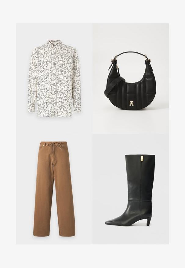 Marimekko TILLA PIIRTO UNIKKO - Skjortebluse - white; Brune brede bukser laget av bomull, med snor i midjen og to fron lommer. Teksturert stoff med en glatt overflate.; Sorte lærknæhøje støvler med spids tå og en lille hæl. Har et strømlinet design med en gylden accentdetalje. Glat tekstur.; Svart skinnhåndveske med en buet form, kviltet tekstur og gullhardware. Har en avtagbar skulderrem og logo-detaljer.