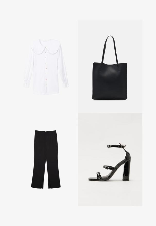 Touché Privé COLLAR DETAILED - Skjortebluser - white; Sorte bukser med lige pasform, der har frontlommer og slidser i kanten. Lavet af blødt, glat stof. Velegnet til forskellige anledninger.; Sorte patenterede hælsandaler med firkantet tå, ankelremme og sølvspænder. Har en chunky blokHæl for stabilitet.; Sort læder tote taske med glat tekstur, rektangulær form og to lange hanke. Ingen synlig hardware eller udsmykninger.