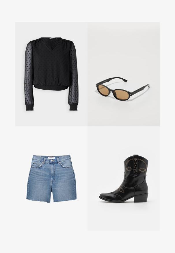 Čierny krátky top s výstrihom do V, textúrovaná tkanina, bodkovaný vzor, priehľadné dlhé rukávy a elastické manžety a lem.; Dve tielka: jedno krémové a jedno čierne. Obidva majú čipkovaný lem okolo výstrihu a spodného okraja, s nastaviteľnými ramienkami.; Modré džínsové šortky s obroubením, s gombíkovým zapínaním, piatimi vreckami a vyblednutým vzhľadom, vyrobené z bavlnenej tkaniny.; Čierne kožené kovbojské topánky s dekoratívnym oranžovým prešívaním a vystuženým dizajnom. Majú krátky zúžený podpätok a špicatú špičku.; Čierne slnečné okuliare s oválnymi rámami, hnedými tónovanými šošovkami a striebornými akcentami na ráme. Hladký povrch a elegantný dizajn.; Čierna látková taška s jedným širokým ramenným popruhom. Mäkký, polostruktúrovaný tvar a hladká textúra; minimalistický dizajn bez viditeľného kovania.