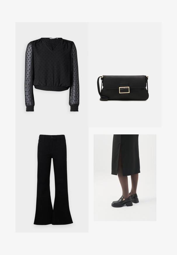 Zwart cropped top met een V-hals, gestructureerde stof, stippenpatroon, doorzichtige lange mouwen en elastische manchetten en zoom.; Zwarte flared jeans van denim, met een knoopsluiting, vijf-pocket ontwerp en een gladde textuur. Kenmerkende flared zoom.; Zwarte leren schoenen met een ronde neus, dikke blokhak en elastische zijkanten, gecombineerd met donkere panty's en een zwarte rok met een split.; Zwarte leren clutch met een klep en een gouden metalen sluiting. Inclusief een zwarte schouderband en een slank, minimalistisch ontwerp.