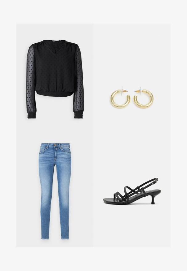 Mustalaiska toppi, jossa on V-pääntie, teksturoitu kangas, pistekuvio, läpikuultavat pitkät hihat sekä elastiset hihansuut ja helma.; Slim-fit vaaleansiniset farkut, joissa on keski-korkea vyötärö, edessä nappikiinnitys ja viisi taskua.; Musta korkeakorkoiset sandaalit, joissa on useita ristikko-nauhoja. Sileä materiaali, teräväkärkinen malli ja kapea korko. Säädettävä nilkkahihna soljella.; Kultaketjut kullasta, joissa on sileä, kiiltävä pinta. Pyöreä muotoilu, jossa on pieni tappi ja kirkas taustalevy turvalliseen käyttöön.
