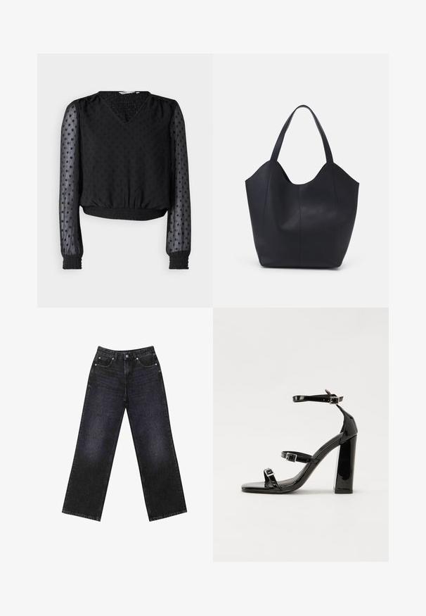 Top corto nero con scollatura a V, tessuto testurizzato, motivo a pois, maniche lunghe trasparenti e polsini ed orlo elasticizzati.; Jeans in denim neri a vita alta con un taglio a gamba larga, design a cinque tasche e cuciture visibili. Il tessuto ha una finitura liscia e leggermente tessurizzata.; Sandali con tacco in vernice nera, con punta squadrata, cinturini alla caviglia e fibbie in argento. Presentano un tacco a blocco spesso per maggiore stabilità.; Borsa tote nera realizzata in pelle liscia, con una parte superiore curva e aperta, dotata di due manici per spalla e un design minimalista.
