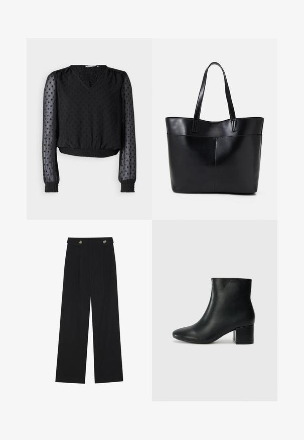 Top cropped preto com decote em V, tecido texturizado, padrão de bolinhas, mangas longas transparentes e punhos e bainha elásticos.; Calças largas pretas com cintura alta, detalhes em botão na cintura e pregas frontais.; Botas de tornozelo em pele preta com bico pontiagudo e um salto robusto. Textura suave com acentos mínimos e um design ajustado e elegante.; Bolsa tote preta em couro com duas alças longas, textura suave e forma estruturada. Apresenta um bolso frontal para armazenamento adicional.