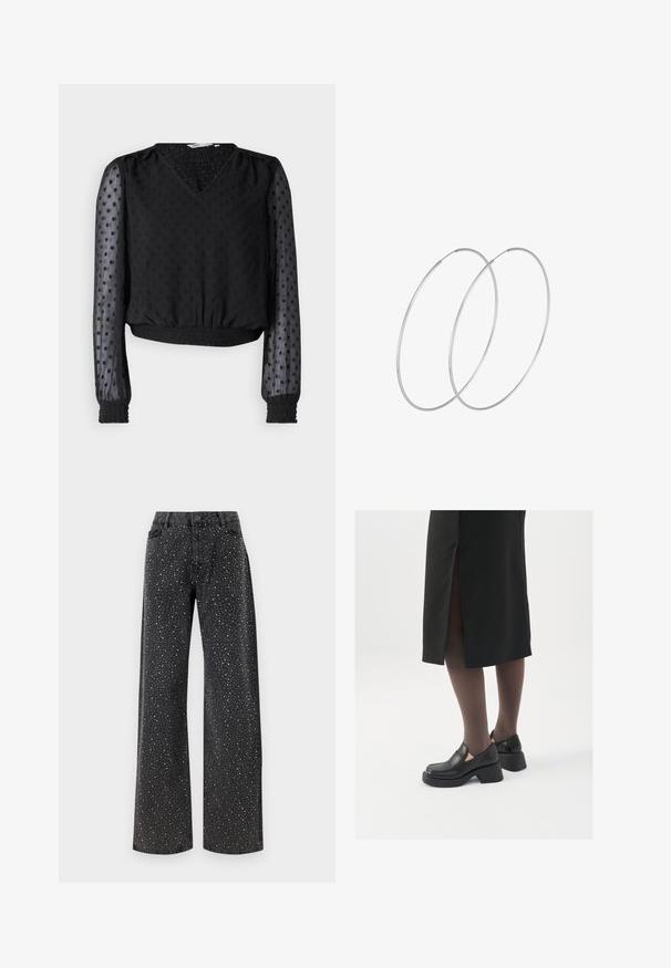 Top corto negro con escote en V, tela texturizada, patrón de puntos, mangas largas transparentes y puños y dobladillo elasticados.; Noisy May NMJANNEL LOOSE - Vaqueros boyfriend - black denim; Zapatos de piel negra con punta redondeada, tacón grueso y bloque, y acentos elásticos en los laterales, combinados con unos pantys oscuros y una falda negra con una abertura.; Pendientes de aro plateados con un diseño minimalista. Forma circular, textura suave y perfil delgado. Livianos con un acabado pulido.