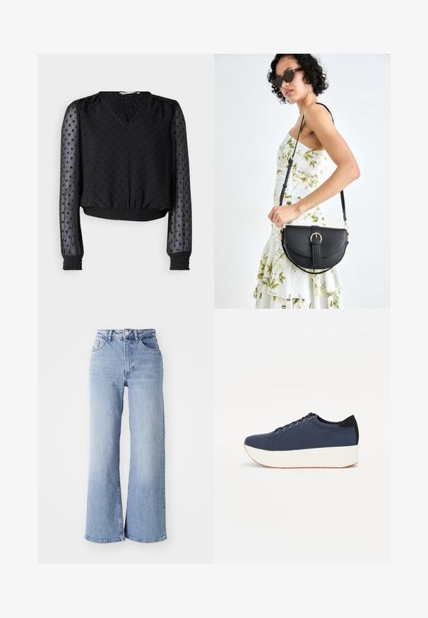 Black cropped top with a V-neck, textured fabric, dotted pattern, sheer long sleeves, and elasticized cuffs and hem.; Light blue high-waist wide-leg jeans with front and back pockets, button closure, and subtle fading on the thighs and hems.; Navy blue sneaker with a textured fabric upper, white platform sole, rounded toe, and black heel accent. Features six eyelets for laces.; Black leather handbag with a curved shape, detachable strap, and gold hardware. The bag features a flap with a buckle detail.
