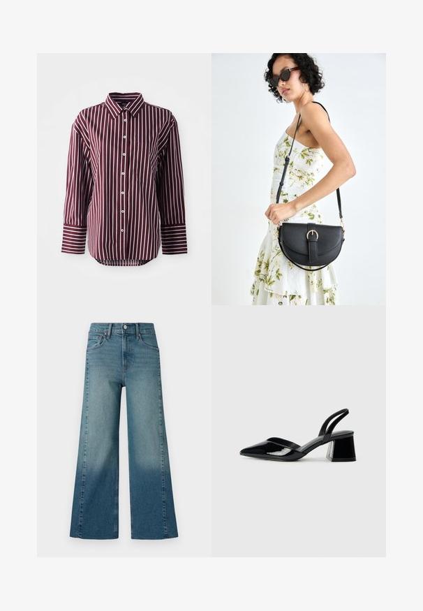 Maroon button-up shirt with white vertical stripes, long sleeves, front pocket on left chest, and wide cuffs with horizontal stripes.; Wide-leg jeans in a medium blue wash, featuring a gradient effect from darker to lighter. Made of denim with a traditional five-pocket design.; Black patent leather slingback heels with a pointed toe and a geometric block heel. Features a sleek, minimal design and smooth texture.; Black leather handbag with a curved shape, detachable strap, and gold hardware. The bag features a flap with a buckle detail.