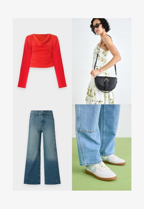 Punainen pitkähihainen lyhyt toppi, jossa on kauluskääntö. Sisältää teksturoitua kangasta ja poimutukset vyötäröllä, mikä luo istuvan siluetin.; Laadukkaat leveälahkeiset farkut keskipitkässä sinisessä pesussa, joissa on harmaantumisvaikutus tummasta vaaleaan. Valmistettu denimistä perinteisellä viiden taskun designilla.; Valkoiset sneakerit vaaleansinisin yksityiskohdoin, teksturoidusta verkkomateriaalista valmistettu yläosa ja vaaleanruskea kumiulkopohja, yhdistettyinä löysiin vaaleansinisiin farkkuihin.; Musta nahkainen käsilaukku, joka on kaareva muotoilultaan, irrotettavalla hihnalla ja kultaisilla yksityiskohdilla. Laukussa on läppä, jossa on solk yksityiskohta.