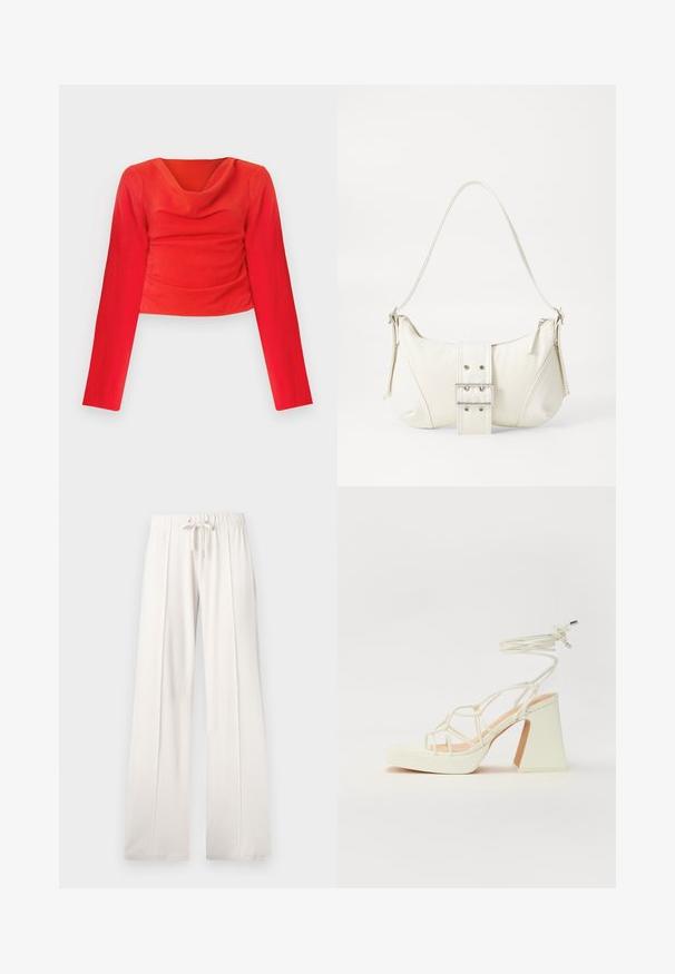 Piros, hosszú ujjú, rövid fazonú felső csepp nyakkivágással. Dombornyomott anyaggal és deréknál redőzéssel készült, hogy testhezálló sziluettet adjon.; Világos bézs színű, puha anyagból készült melegítőnadrág, állítható derékkal, széles lábakkal és függőleges varratokkal, sima felülettel.; Fehér, magassarkú szandál vastag sarokkal, pántos dizájnnal és bokapánttal. Sima textúra, elülső platformmal a megnövelt magasság érdekében.; Fehér válltáska texturált felülettel, középen csattogó részlettel és íves formával. Cipzáras záródás mindkét oldalon.