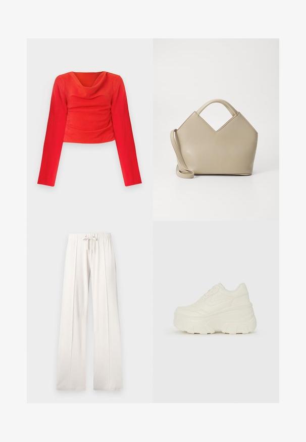 Punane pikkade varrukatega lühike topp, millel on kappkaelus. Omab tekstureeritud kangast ja kokkuvõtteid vööl, luues figuuri rõhutava silueti.; Heledad beežid püksid, mis on valmistatud pehmest kangast, millel on paelaga vöökoht, laiad sääred ja vertikaalsed õmblused, lisaks sujuv tekstuur.; Valged platvormi tõusukingad, millel on siledast nahast meenutav pealis, ümar kuju, pehmendatud kaelus ja tekstureeritud kummitald koos selgete hüdrofoobsete mustritega.; Beež struktuurne käekott V-kujuga ülaosaga, sile nahkmaterjal, lühikesed sangad ja pikk reguleeritav rihm. Minimalistlik disain.
