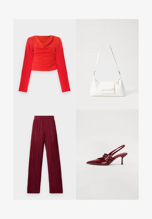 Maglietta rossa a maniche lunghe e crop con collo a drappo. Presenta un tessuto texturizzato e arricciature in vita per una silhouette aderente.; Pantaloni ampi a pieghe color bordeaux con elastico in vita. Tessuto testurizzato con strisce verticali. Taglio dritto fino all'orlo.; Décolleté slingback in vernice rossa con punta affusolata, due cinturini con fibbia e un sottile tacco a stiletto di media altezza. Texture liscia.; Borsa sintetica bianca a forma triangolare, con patta anteriore piatta e dettaglio a fiocco, tracolla regolabile, texture liscia e design minimalista.