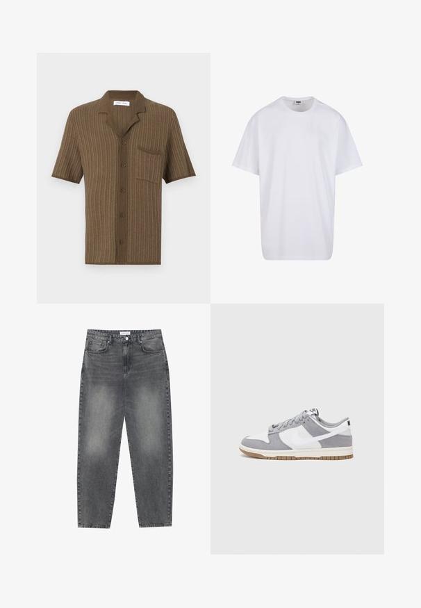 Brahk košaraste majice s kratkimi rokavi z teksturiranim pletenim vzorcem, z izrezanim ovratnikom, 5 gumbi in eno prsno žep.; Bela bombažna majica s kratkimi rokavi, okroglim izrezom, sproščenim krojem in brez vidnih logotipov ali vzorcev. Gladka tekstura in minimalen dizajn.; Visoko pasovi, široke kavbojke iz obledelog črnega denima. Imajo pet žepov, zanke za pas in čisto, ravno obliko nog. ; Sive in bele teniske s suknim in usnjem zgornjim delom, zaobljenim nosom, ravnimi vezalkami in gumijastim podplatom z dodatkom gumijaste barve.