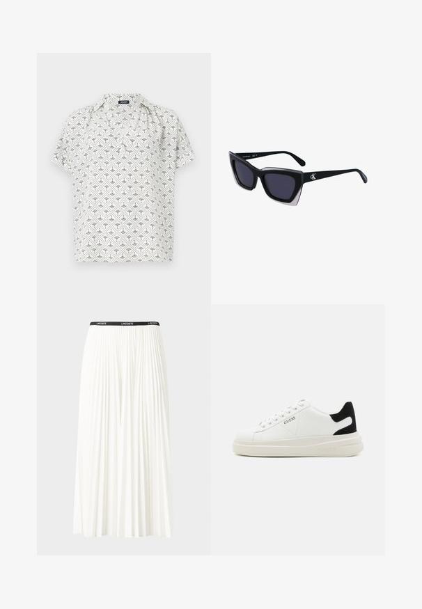Trumpo rankovės balta bluzonė su geometriniu juodu raštu, turinti apykaklės iškirptę ir laisvą siluetą. Pagaminta iš lengvo audinio.; Pleated balta sijonas su juodu elastiniu juosmeniu, ant kurio yra "LACOSTE" logotipas. Vidutinio ilgio dizainas su švelnia tekstūra.; Baltos odinės sportbačiai su storu baltu padu, juodu nubuko kulno akcentu ir iškilmingu logotipu šone. Su raišteliais, turinčiais šešis akinius.; Juodos didelės saulės akinių su geometrine forma, turinčiais tamsius objektyvus ir kontrastingą pilką detalę ant rėmelio. Logotipas ant šalon.