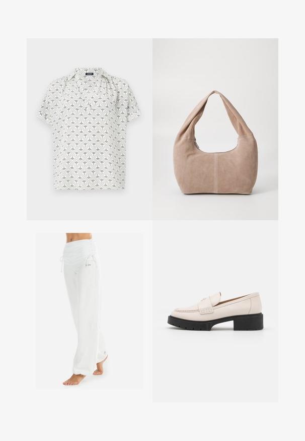 Blouse blanche à manches courtes avec un motif géométrique noir, dotée d'un col et d'une coupe ample. Fabriquée en tissu léger.; Top sans manches blanc avec bretelles réglables, design ajusté, texture de tissu lisse et encolure ronde. Aucun motif ni détail matériel.; Pantalons blancs amples avec une taille froncée et un cordon de serrage. Texture lisse avec des coutures latérales, conçus pour le confort et la mobilité.; Mocassins en cuir beige clair avec un devant cousu et un talon platform texturé noir. Présente un design incurvé et une légère élévation.; Sac hobo en matériau suédé doux de couleur beige clair. Présente une forme arrondie avec une large sangle et une fermeture éclair.