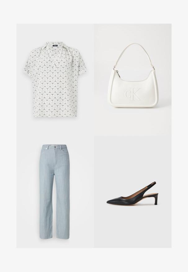 Short-sleeved white blouse with a geometric black pattern, featuring a collared neckline and loose fit. Made of lightweight fabric.; Light blue straight-leg jeans made of denim. Features five pockets, a metal button closure, and subtle whiskering for texture.; Black leather slingback pump with a pointed toe, low heel, and a smooth texture. Features a thin adjustable strap for a secure fit.; White leather handbag with a curved shape, featuring an embossed "CK" logo on the front and a single shoulder strap. Zipper closure at top.
