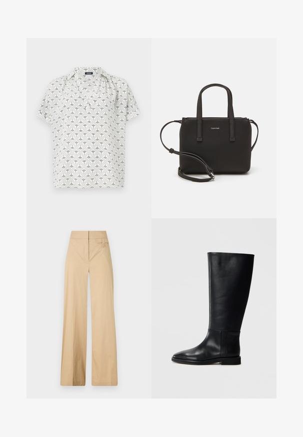 Short-sleeved white blouse with a geometric black pattern, featuring a collared neckline and loose fit. Made of lightweight fabric.; Beige wide-leg pants made of cotton blend fabric. Features a smooth texture, elastic waistband, and a side button detail.; Black leather knee-high boot with a rounded toe, smooth texture, minimalistic design, and a flat sole. Simple seam details on the shaft.; Black handbag with dual short handles and a removable shoulder strap. Smooth leather-like material with a zip closure and logo detail.