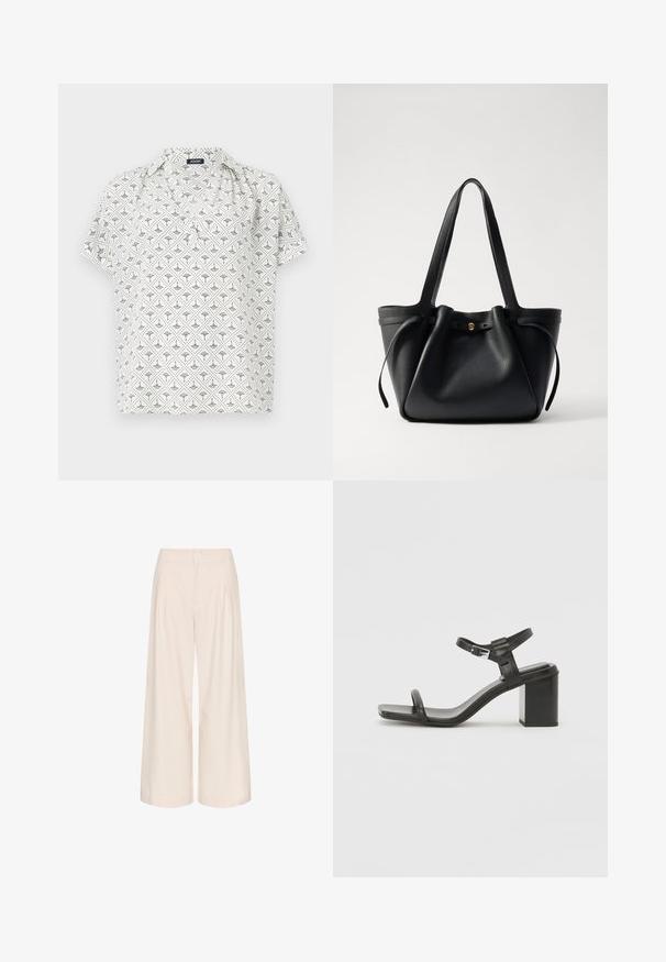 Blusa bianca a maniche corte con un motivo geometrico nero, con collo e vestibilità ampia. Realizzata in tessuto leggero.; Pantaloni larghi crema con pieghe, realizzati in un tessuto morbido. Presentano un'alta vita e tasche laterali per funzionalità.; Sandalo in pelle nera con tacco a blocco e una fascia larga sopra le dita, dotato di una cinghia regolabile alla caviglia, caratterizzato da un design elegante e minimalista.; Borsa a spalla in pelle nera con due manici lunghi, parte superiore arricciata e un accento circolare dorato. Texture liscia con un design minimalista.