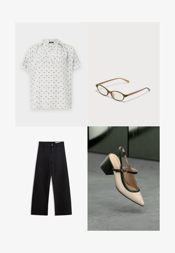 Witte blouse met korte mouwen en een geometrisch zwart patroon, met een kraag en een losse pasvorm. Gemaakt van lichte stof.; Zwarte denim broek met wijde pijpen en een hoge taille, voorzien van voor- en achterzakken, gestikte naden en een knoopsluiting. Gladde textuur.; Beige puntige slingback schoen met zwarte rand, gouden gesp en een chunky blokhak op een grijze vloer met een donker groene achtergrond.; Bruine schildpadbril met ovale lenzen, dunne armen en transparante accenten. Heeft een subtiele logo op de tempel. Strak, lichtgewicht ontwerp.