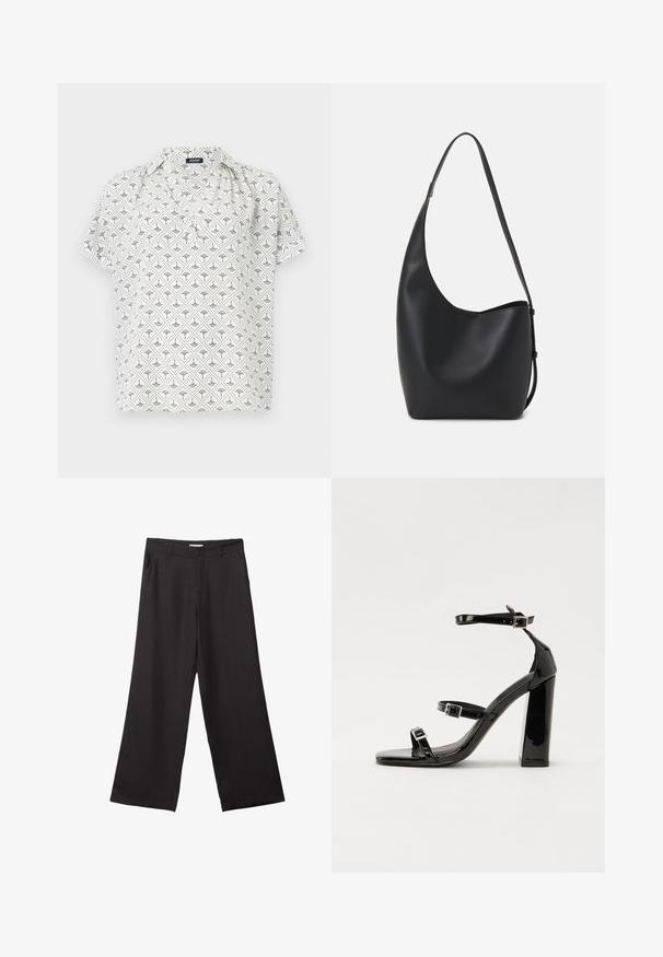 Kurzärmlige weiße Bluse mit einem geometrischen schwarzen Muster, mit einem Kragen und lockerer Passform. Hergestellt aus leichtem Stoff.; Schwarze weite Hosen aus glattem Stoff, mit einem Reißverschluss vorne und zwei seitlichen Taschen, maßgeschneiderter Passform und minimalistischem Design.; Schwarze patentierte Sandalen mit Absatz, quadratischer Spitze, Knöchelriemen und silbernen Schnallen. Mit einem stabilen Blockabsatz für mehr Stabilität.; Schwarze Leder-Hobo-Tasche mit einer glatten Textur, geschwungener Form und einem einzelnen verstellbaren Tragegurt; verfügt über eine weite Öffnung am oberen Ende.