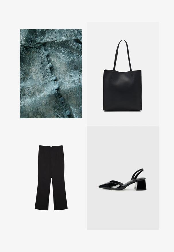 Delicate lace fabric in muted teal, featuring floral patterns, textured surface, and rounded fabric buttons along the center.; Black trousers with a straight fit, featuring front pockets and side slits at the hem. Made of soft, smooth fabric. Suitable for various occasions.; Black patent leather slingback heels with a pointed toe and a geometric block heel. Features a sleek, minimal design and smooth texture.; Black leather tote bag with smooth texture, rectangular shape, and two long handles. No visible hardware or embellishments.