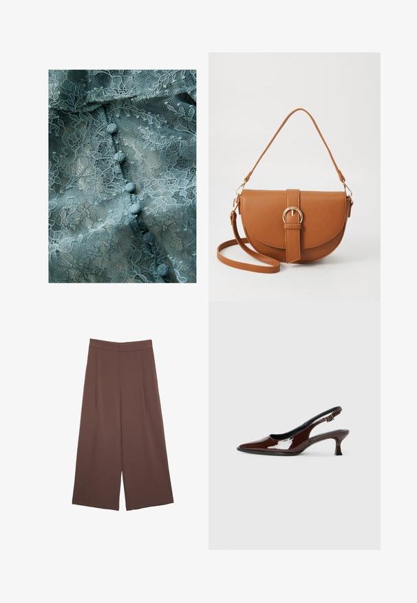 Delicate kanten stof in gedempt teal, met bloemmotieven, een gestructureerd oppervlak en ronde stoffen knopen in het midden.; Bruine wijde broek met een gladde textuur, voorzien van een hoge taille en plooien aan de voorkant. De stof is lichtgewicht en valt losjes.; Bruine gepatineerde leren slingback-schoen met een spitse neus en een gematigd hakje. Voorzien van een gespsluiting voor een veilige pasvorm. Glad van textuur.; Bruine leren schoudertas met een gebogen vorm, gouden hardware en een gespaccent. Bevat een afneembare schouderriem.