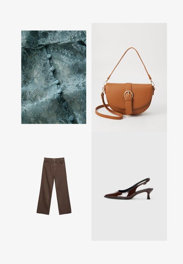 Delicato tessuto di pizzo in teal smorzato, con motivi floreali, superficie texturizzata e bottoni di tessuto rotondi lungo il centro.; Jeans a gamba larga marroni in denim, con vita alta, tasche anteriori e chiusura a bottone classica. Tessuto liscio con cuciture sottili.; Scarpa slingback in pelle verniciata marrone con punta affusolata e tacco moderato. Presenta una fascia con fibbia per una calzata sicura. Tessuto liscio.; Borsa a tracolla in pelle marrone con forma curvata, hardware dorato e un dettaglio con fibbia. Presenta una tracolla rimovibile.