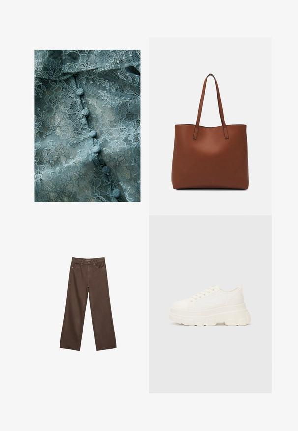 Delicate lace fabric in muted teal, featuring floral patterns, textured surface, and rounded fabric buttons along the center.; Wide-leg brown jeans made of denim, featuring a high waist, front pockets, and a classic button closure. Smooth texture with subtle stitching.; White canvas sneaker with a chunky sole, rounded toe, and five eyelets for laces. Back tab for easy wear. Smooth texture, minimalist design.; Brown leather tote bag with a smooth texture, open top design, and two shoulder straps. Features minimal stitching and no visible hardware.