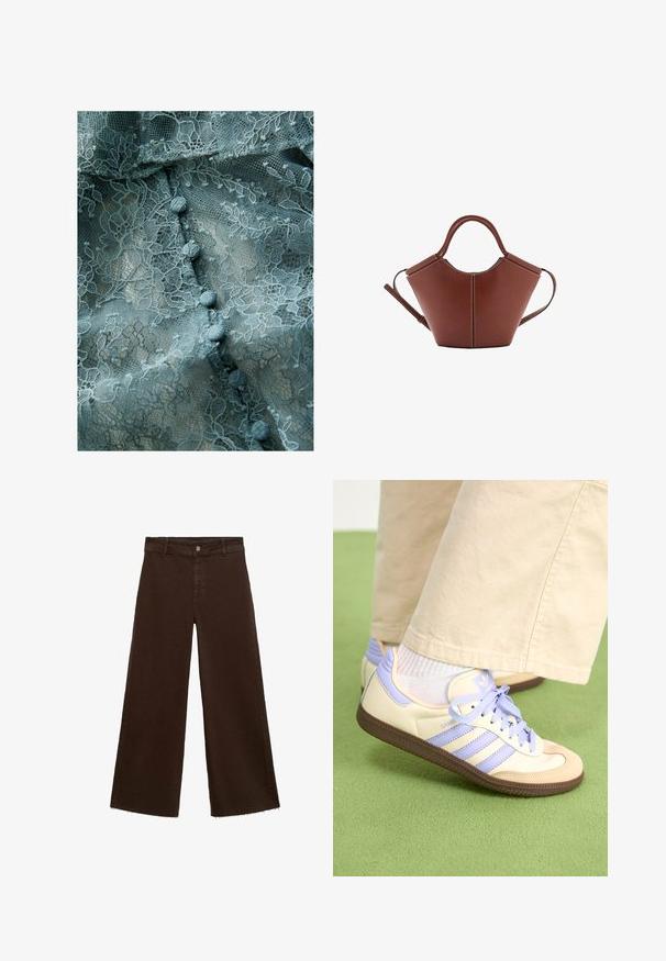 Herkkä pitsikangas hillityssä teal-värissä, jossa on kukkakuoseja, teksturoitu pinta ja pyöreät kangaspainikkeet keskellä.; Ruskeat leveät housut puuvillasekoituksesta, joissa on revitty helma, etunappikiinnitys ja perinteinen viisi-taskuinen muotoilu. Minimalistiset ja monikäyttöiset.; Kermasilta ja laventelilta näyttävät lenkkarit kolmella raidalla ja teksturoidulla ruskealla pohjalla, varustettuna nauhoilla ja pehmustetulla kantapäällä. Pehmeä kangaspinta.; Ruskea nahkainen käsilaukku, jonka muoto on kartiomainen, tukevat kahvat ja erottuva valkoinen ompelu. Varustettu irrotettavalla olkahihnalla monipuolisuutta varten.