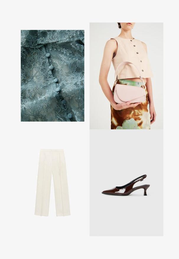 Delicate kanten stof in gedempt teal, met bloemmotieven, een gestructureerd oppervlak en ronde stoffen knopen in het midden.; Wijdgevallen broeken in een lichtcrème kleur. Gemaakt van een zachte stof met plooien aan de voorkant en zijzakken.; Bruine gepatineerde leren slingback-schoen met een spitse neus en een gematigd hakje. Voorzien van een gespsluiting voor een veilige pasvorm. Glad van textuur.; Roze leren handtas met een gebogen klep, één schouderband en strakke lijnen. De tas vertoont een gladde textuur en een minimalistisch ontwerp.