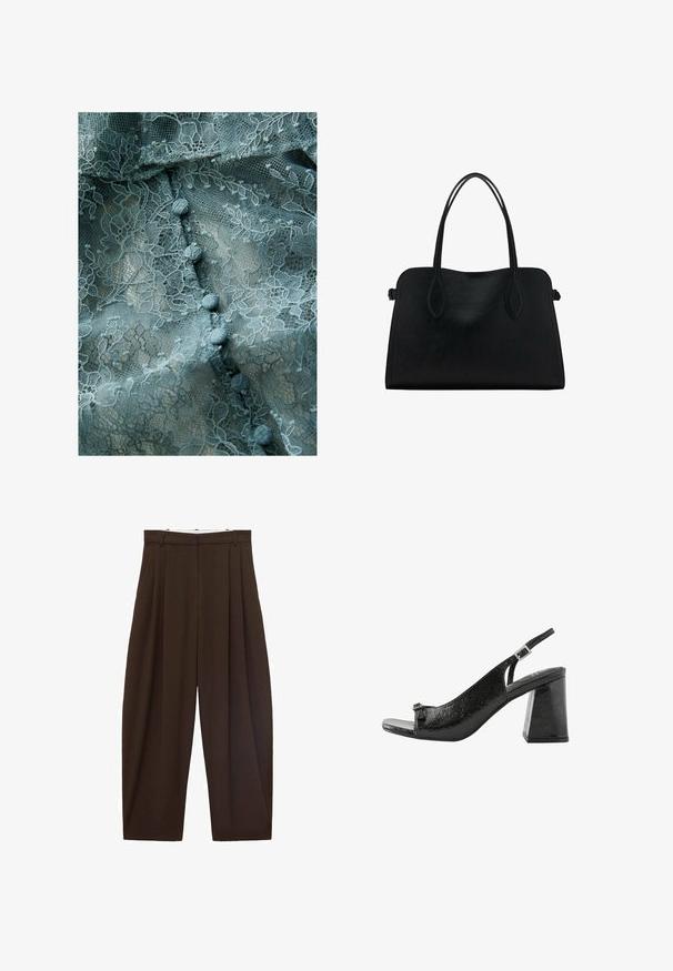 Jemná čipkovaná tkanina v tlmenej teal farbe, s kvetinovými vzormi, textúrovaným povrchom a zaoblenými látkovými gombíkmi pozdĺž stredu.; Hnedé nohavice s vysokým pásom a skladaním, vyrobené z hladkej tkaniny. Voľný strih, rovný strih nohavíc, s pútkami na opasok a so zipsom.; Next Sandále - black; Čierna kožená kabelka s dvojitými popruhmi na rameno, obdĺžnikový tvar a minimalistický dizajn na bielom pozadí.