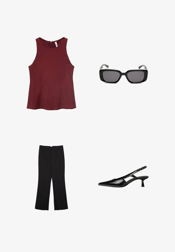 Bordo brezrokavnik z visokim ovratnikom, gladko teksturo in zadrgo na hrbtu. Brez vzorcev; ima oblikovane strani.; Črne hlače ravnega kroja z naglavnimi žepi in stranskimi razporki na robu. Narejene iz mehke, gladke tkanine. Primerne za različne priložnosti.; Črne patentični usnjeni salonarji s slingback designom, z zašiljenim nosom, izrezanim stranskim dizajnom in majhnim kvadratnim peto. Gladka tekstura z minimalnimi detajli.; Črne pravokotne sončne očala z temnimi lečami, gladkim plastičnim okvirjem in ukrivljenimi nogicami. Oblika je robustna in minimalistična.