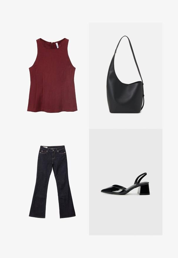 Bordowy top bez rękawów z wysokim dekoltem, gładką teksturą i zapięciem na zamek z tyłu. Bez wzorów; posiada dopasowane boki.; Ciemnoniebieskie dżinsy z szerokimi nogawkami, pięć kieszeni, miedziane nity i kontrastowe przeszycia. Gładka tekstura, prosta, luźna forma.; Czarne lakierowane półbuty na obcasie z wydłużonym noskiem i geometrycznym słupkiem. Charakteryzują się eleganckim, minimalistycznym designem oraz gładką fakturą.; Czarna skórzana torba hobo o gładkiej fakturze, zaokrąglonym kształcie i pojedynczym, regulowanym pasku; posiada szerokie otwarcie na górze.