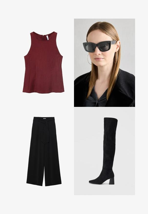 Burgundská bezramenná blůza s vysokým výstřihem, hladkým povrchem a zipem na zadní straně. Bez vzorů; s přizpůsobenými stranami.; Černé kalhoty s širokými nohavicemi, vyrobené z texturované tkaniny, s elastickým pasem a odnímatelným páskem na úpravu velikosti.; Černé semišové vysoké boty s blokovým podpatkem, špičatou špičkou a hladkým, bezšvovým designem na jednoduchém světlém pozadí.; Černé sluneční brýle ve stylu kočičího oka s tmavými skly, silnými rámy a jemnými detaily. Nosené s černým kabátem a šedým topem, s dlouhými rovnými vlasy.