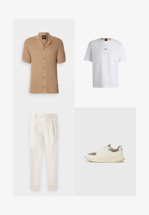 Beige īsām piedurknēm adīts kardigāns ar teksturētu rakstu, pogu priekšpusi, apkakli un melnu "BOSS" etiķeti iekšējā kakla daļā.; Balta kokvilnas T-kreklu ar īsām piedurknēm, ar melnu "BOSS" logotipu centrā uz krūšu un apļa formas kakla dizainu.; Baltas, pleitēts bikses ar piegriezumu, kas pielāgots figūrai, ar gludu tekstūru, jostas cilpām un sašaurinātiem galiem. Nav redzamu kabatu vai rakstu.; Baltas un gaiši bež sporta apavi, ar sieta augšdaļu, perforētiem detaļām un teksturētu vidusdaļu ar zīmolu uz papēža.