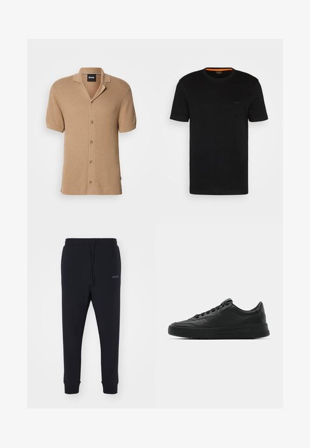 Bež kratka pletena jopica s kratkimi rokavi in teksturiranim vzorcem, sprednjim gumbom, ovratnikom in črno oznako "BOSS" znotraj ovratnika.; Črna kratkotrajna majica s kratkimi rokavi iz mehkega blaga, z okroglim izrezom in subtilnim logotipom na sprednji strani. V notranjem ovratniku je oranžni poudarek.; Črne trenirke iz mehkega materiala z elastičnim pasom, vrvico in zoženimi nogami. Imajo majhen logotip na strani.; Črne superge z gladkim usnjenim zgornjim delom, okroglo konico, ravnimi vezalkami, oblazinjeno ovratnikom in minimalističnim dizajnom. Gumijast podplat z diskretnim profilom.