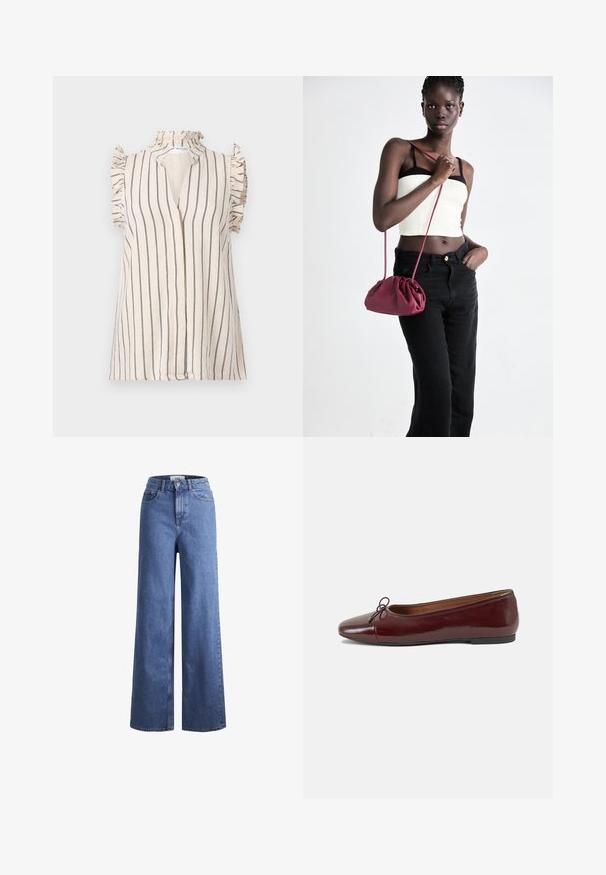 Blouse beige clair avec des rayures verticales bleu marine, manches volantées et col haut, dotée d'une ouverture à patte de boutonnage à l'avant.; Jean large en denim bleu clair avec taille haute, deux poches avant et coutures visibles. Fermeture à bouton et à zip.; Ballerines en cuir verni bordeaux avec un bout rond, un petit nœud décoratif à l'avant et une semelle en caoutchouc noire basse. Texture lisse.; Sac à main en tissu doux bordeaux avec un design froncé et une longue sangle, porté en bandoulière. Le mannequin porte un top court blanc et un jean noir.