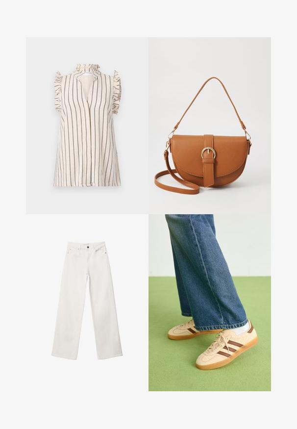 Light beige blouse with navy vertical stripes, ruffled sleeves, and a high neckline, featuring a front placket opening.; White wide-leg jeans made of denim, featuring a high waist, five-pocket design, and a metal button closure. Smooth texture, no patterns.; Beige sneakers with textured cream panels and brown stripes, paired with blue denim jeans. The jeans have a wide leg and frayed hem.; Brown leather crossbody bag with a curved shape, gold hardware, and a buckle accent. Features a detachable shoulder strap.