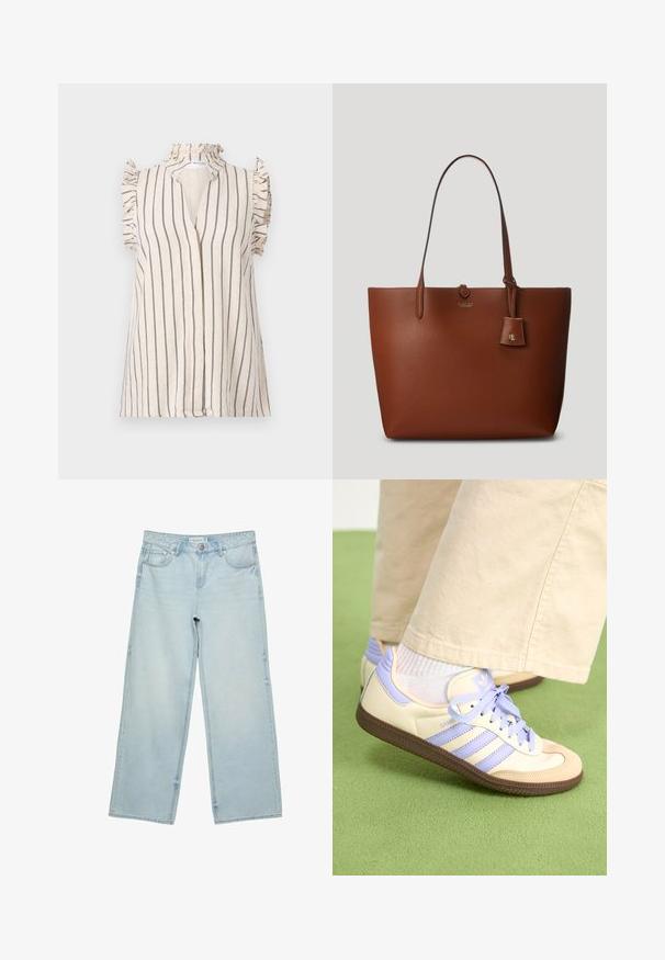 Vaaleanbeige paita, jossa on tummansinisiä pystysuoria raitoja, röyhelöhiat ja korkea kaulus, edessä nappilista.; Vaaleansiniset leveälahkeiset farkut, joissa on korkea vyötärö, viisi taskua ja hienovarainen haalistus. Suora leikkaus ja huolitellut reunat.; Kermasilta ja laventelilta näyttävät lenkkarit kolmella raidalla ja teksturoidulla ruskealla pohjalla, varustettuna nauhoilla ja pehmustetulla kantapäällä. Pehmeä kangaspinta.; Ruskea kivipintainen nahkainen olkalaukku, jossa on kaksi kantohihnaa, pieni kiinnitetty tagi ja hillitty logo edessä. Tasainen pinta ja muotoiltu rakenne.